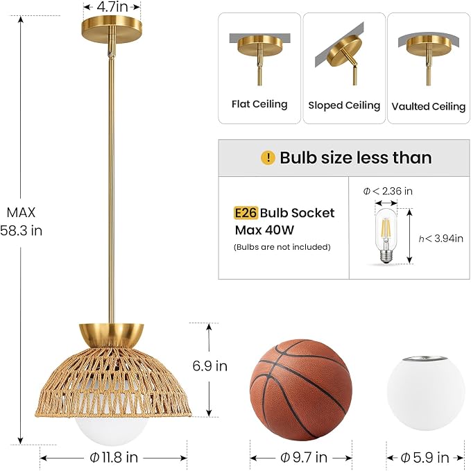 2 Pack Rattan Pendant Light, 11.8" Hand Woven Boho Pendant Light Fixture with Milk Glass Globe, Gold Kitchen Island light Fixtures Adjustable Chandelier for Dining Room Hallway Foyer Restaurant