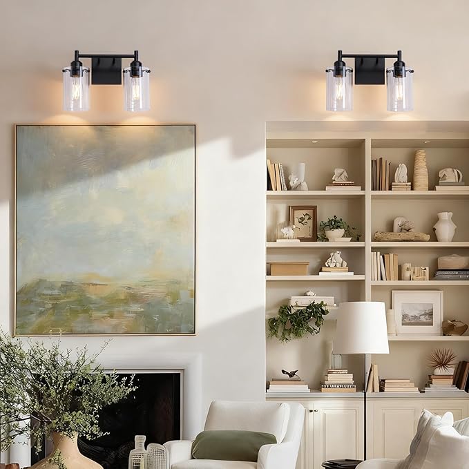 Matte Black 2-Light Bathroom Light Fixtures,Bathroom Vanity Light Over Mirror with Glass Shade,Modern Farmhouse Wall Sconces Lighting for Bedroom Cabinet Kitchen Living Room