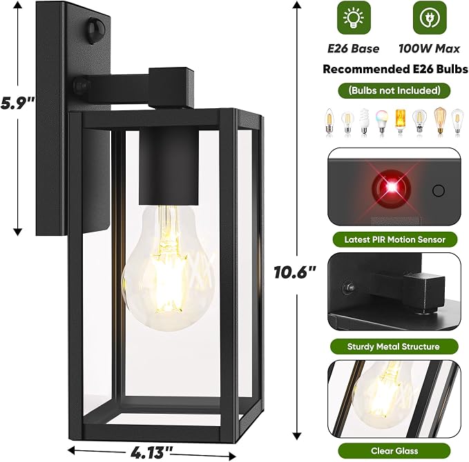 2-Pack 10.6” Upgraded Motion Sensor Outdoor Wall Lights, Black | Auto ON/OFF, 3 Lighting Modes, Waterproof, Rust-Resistant, Durable Metal & Clear Glass, Standard E26 Sockets, Easy to Install