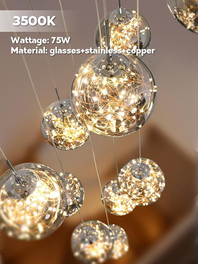 10-Light High Ceilings Long Chandeliers LED Staircase Chandelier High Ceiling Chandelier for Entryway,Modern Crystal Long Pendant Light, Adjustable Length 16" W x79 H，50W