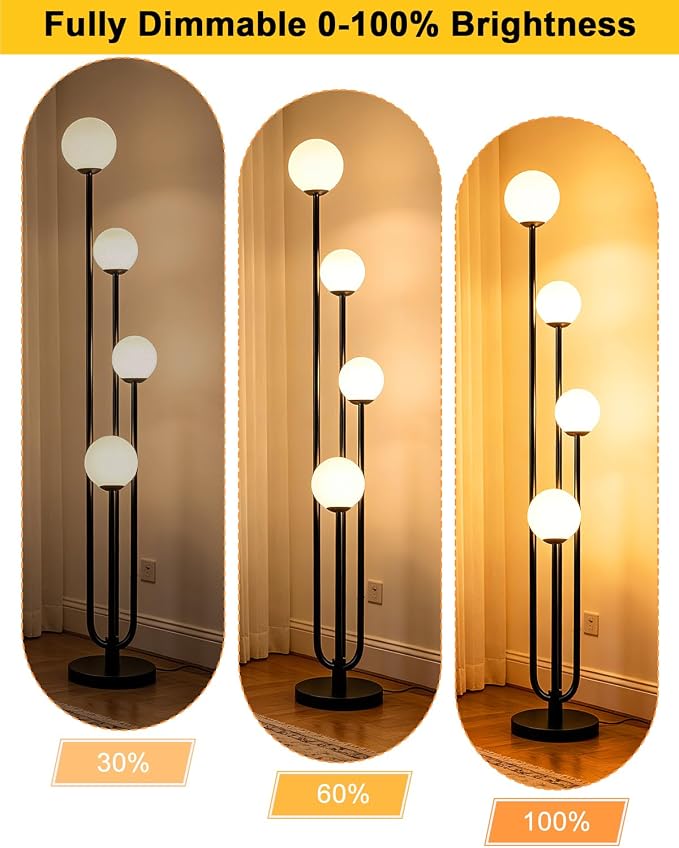 63IN 4-Light Dimmable Floor Lamp, Unique Black Tall Standing Lamps with Globe Shade &3000K Bulbs for Reading, Mid Century Modern Floor Lamp with 5Lbs Heavy Base for Living Room Bedroom Office