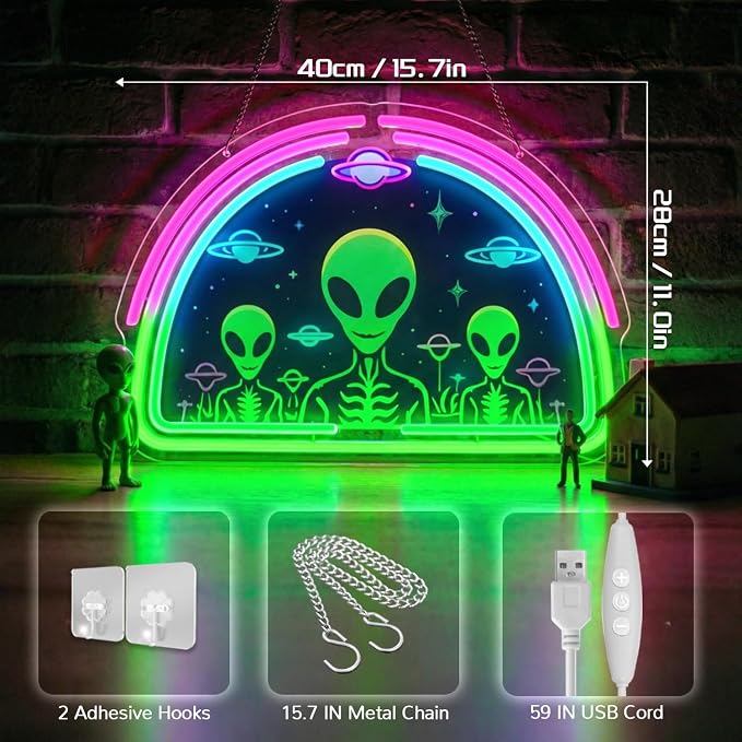 Alien Neon Sign,Neon Signs for Wall Decor,Space UFO LED Neon Light Wall Decor for Game Room,Mancave,Dorm & Party,Dimmable USB Powered Neon Wall Art Aesthetic for Teens,Gamers & Sci-Fi Lovers