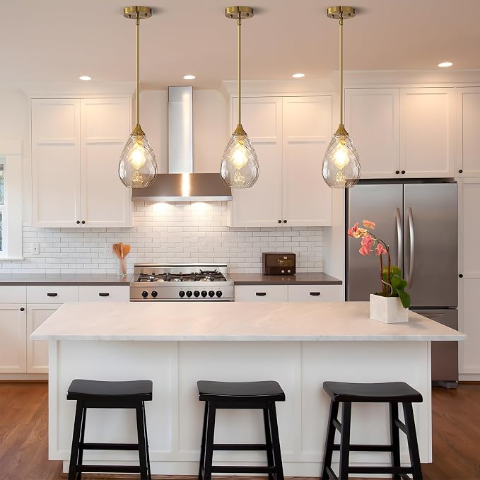 Glass Pendant Lights Kitchen Island, 1-Light Modern Brushed Gold Pendant Light Fixtures with Hammered Glass and Rods, Small Hanging Light for Kitchen Sink Dining Room Bathroom