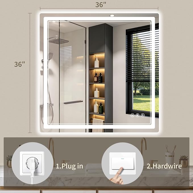 36"x36" LED Bathroom Mirror with Lights, Backlit + Front Lit, Anti-Fog, Lighted Bathroom Mirror for Wall, HD Shatterproof Tempered Glass, Dimmable, Memory Function (Horizontal/Vertical)