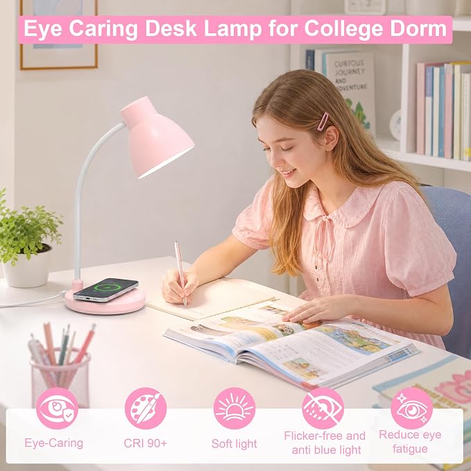 LED Desk Lamp for Home Office with Wireless Charger, Pink | 3 Color Modes Dimmable Eye-Caring Study Reading Dorm Desk Lamp, 360° Flexible Arm Table Lamp for College Dorm Room, 800 Lumen
