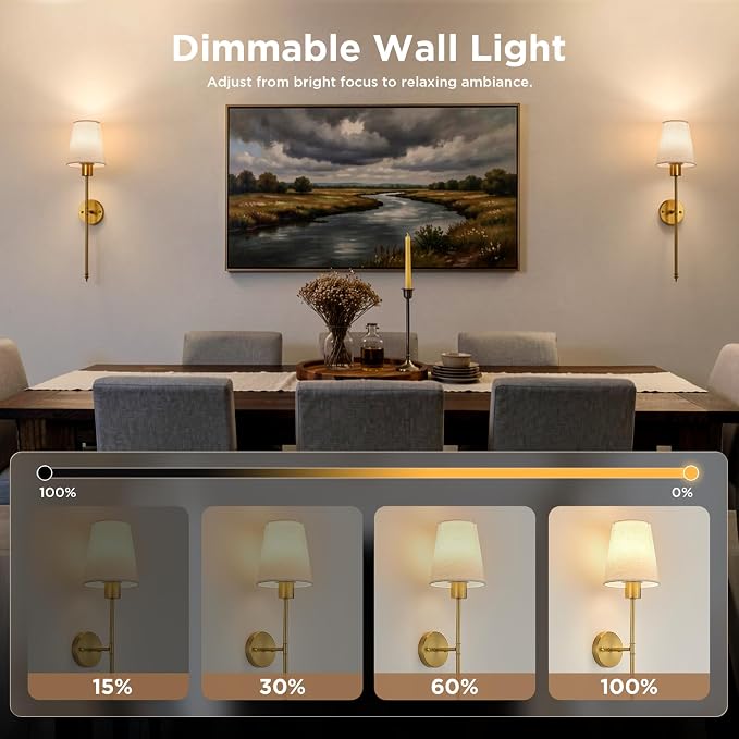 Brightown Battery Operated Wall Sconces Set of Two,Linen Sconces Wall Decor | RGBWW Rechargeable Wall Lights with Dimmable Magnetic Bulbs & Remote, Wireless Wall Lamp for Living Room Bedroom Hallway