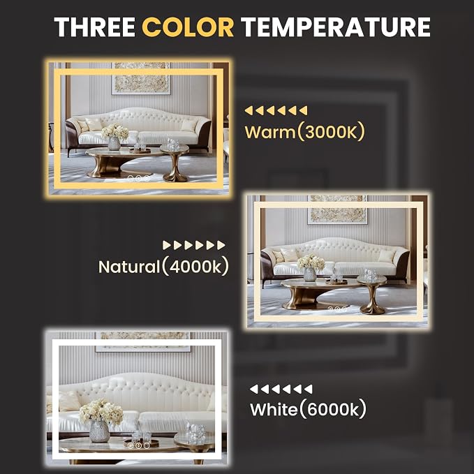 LOAAO 52"X36" LED Bathroom Mirror with Lights | Anti-Fog, Dimmable, 3 Color Temperature, Backlit + Front Lit, Memory Function, Tempered Glass, UL Listed