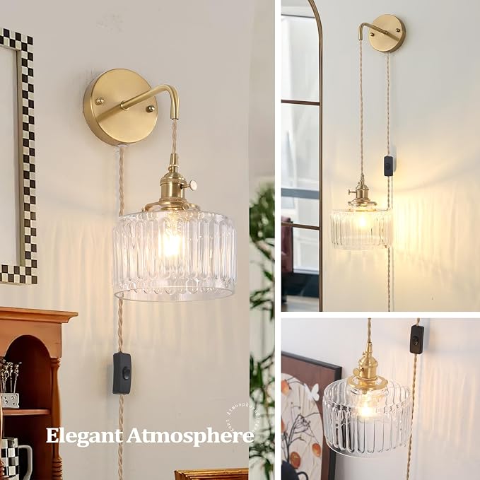 Shenmoyl Vintage Wall Sconce Wall Lamp with Clear Striped Glass Shade Hanging Wall Sconce with 4.9FT Plug in Cord, Modern Wall Lamp Fixtures Decor for Bedside Bedroom Indoor Doorway
