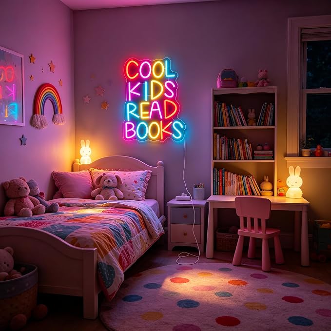 Cool Kids Read Books Neon Sign for Wall Decor Letter Reading Books Neon Light USB Dimmable Classroom LED Light Up Sign for Reading Corner Library Classroom Bedroom Decor