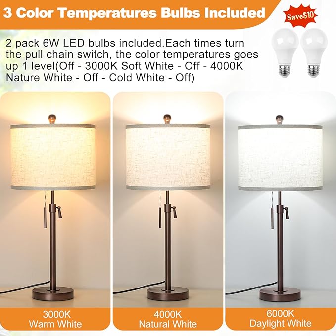 Table Lamps for Bedrooms Set of 2, 22" to 30" Height Adjustable Nightstand Lamps with Linen Shade, Pull Chain Switch Lamps for Living Room, 3 Way Dimmable Bedside Lamp