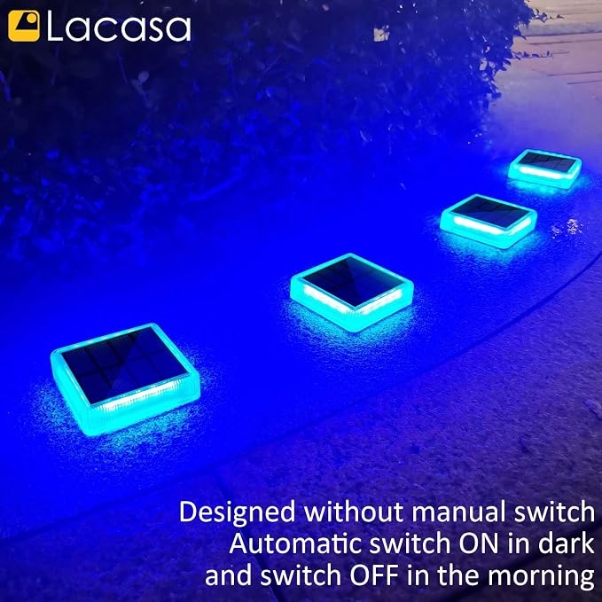 Lacasa Solar Deck Lights, 4 Pack 30LM LED Dock Lights Blue Light, Outdoor Solar Powered Step Lights Light up All Night IP68 Waterproof Auto ON/Off for Garden Stairs Driveway Pathway Lighting