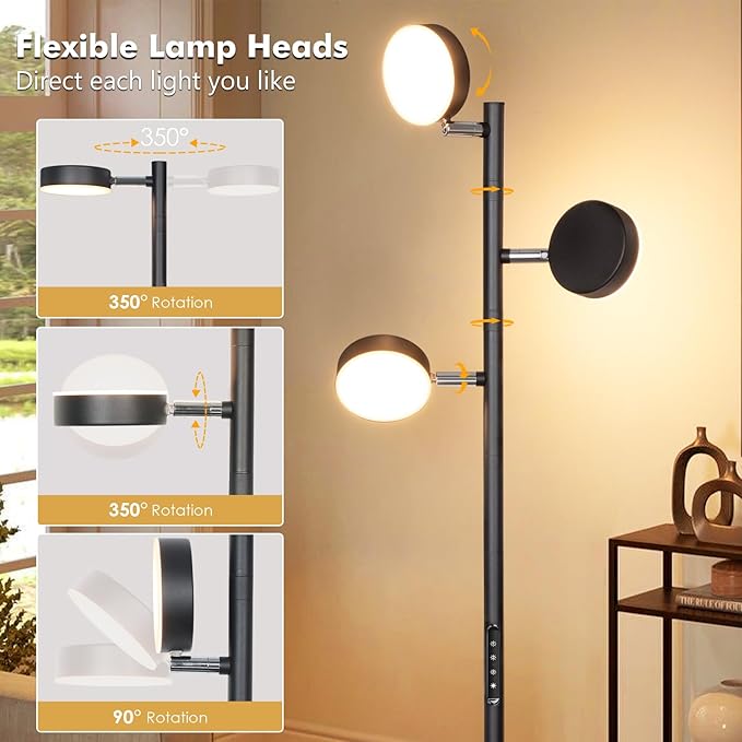 Tree Floor Lamp for Living Room - Modern Black Standing Lamp | LED Floor Light with Remote & Touch, 3000K-6000K Dimmable for Bedroom Office Reading (3 Head)