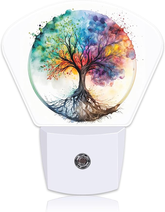 Watercolor Tree of Life Night Light, Colorful Tree Nightlight Plug into Wall with Dusk to Dawn Sensor for Kid Girls Boys Women Men Bedroom, Hallway, Kitchen, Bathroom, Stairs Decor