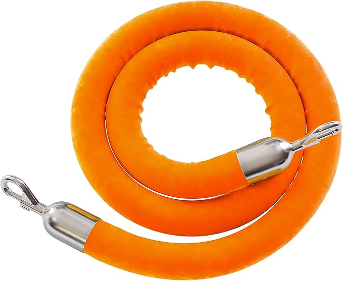 Montour Line Velvet Hanging Stanchion Rope Foam Core, 6 Foot Orange Rope with Polished Stainless Steel Snap Ends
