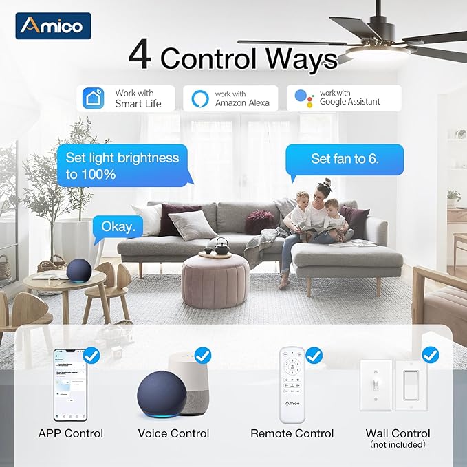 Amico Ceiling Fans with Lights, 52 inch Smart Ceiling Fan with Remote/APP/Alexa Control, Downrod Mount, Reversible DC Motor, 5 Blades, 6 Speeds, 3CCT, Dimmable, Noiseless, Bedroom, Living Room, Black