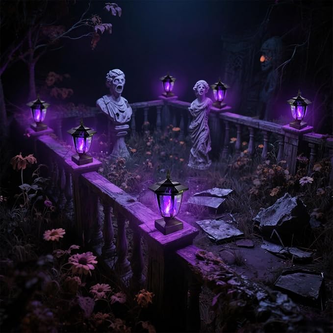 Dynaming Solar Flame Post Cap Lights Outdoor, Halloween Flickering Purple Flame Post Lights, Solar Powered LED Lantern Waterproof for Garden Deck Fence Patio, Fit 4x4, 5x5 or 6x6 Wooden Posts, 6 Pack
