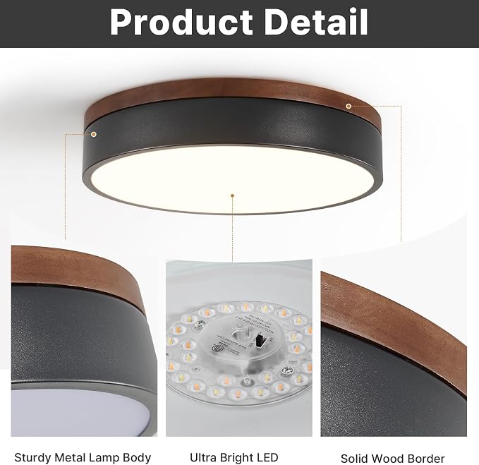 12" Minimalist Black and Walnut Wood LED Flush Mount Ceiling Light | Natural Wood Accent, Integrated LED, 5CCT Before Installation, Slim Low-Profile Design, Minimalist Modern Style, Compact Size