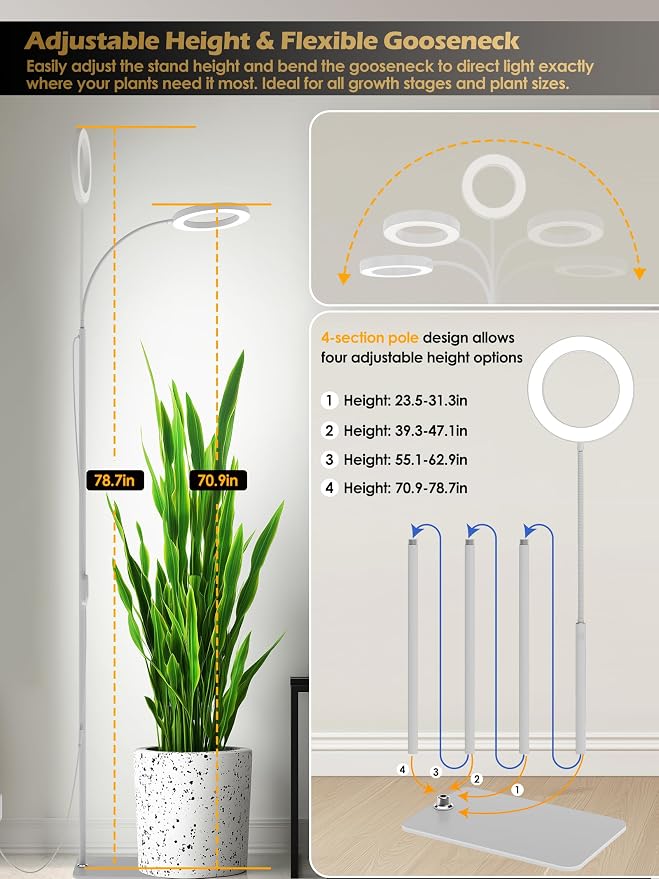 24W Grow Lights for Indoor Plants, Full Spectrum LED Plant Light With Stand | Dimmable, 3 Lighting Modes, 23"-79" Adjustable Height, Plant Growing Lamp with 3/9/12/16H Timer, Black Single Head Floor Lamp