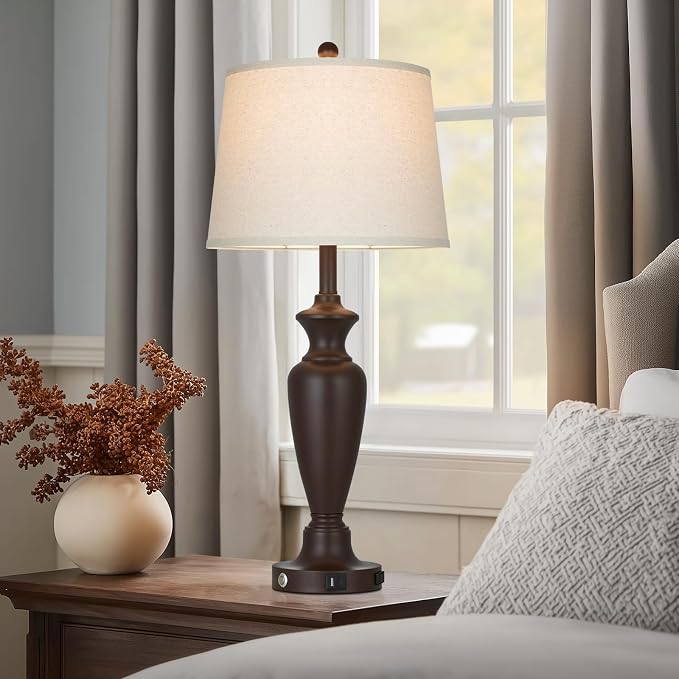 30" Tall Brown Table Lamp for Living Room, Touch Control Bedside Lamp for Bedroom Nightstand, 3-Way Dimmable Farmhouse Lamp with Charging Ports (1 Pack)