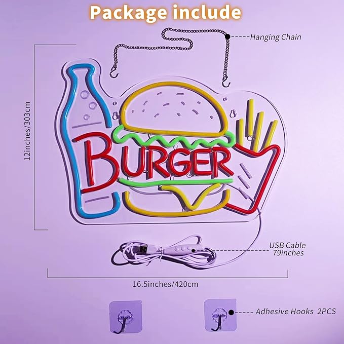 Burger & Fries Neon Sign - Retro Dimmable Fast Food LED Light, Restaurant & Dining Room Wall Decor, Snack Bar Sign, Hamburgers Party Decorations
