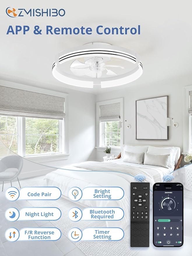 ZMISHIBO Low Profile Ceiling Fans with Lights and Remote, 20 “ White | 3000K-6000K Dimmable Fandelier LED, Flush Mount, 6 Wind Speeds, Reversible, Timer, Bedroom, Living Room, Kitchen, Kids Room