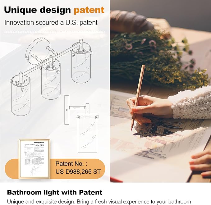 Bathroom Light Fixtures, 3-Light Black and Gold Vanity Light, Black Bathroom Lights Over Mirror with Clear Glass Shade for Mirror Bedroom Living Room