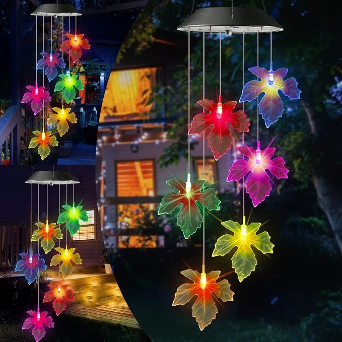 Toodour Solar Wind Chimes, Color Changing Maple Leaf Wind Chime | LED Mobile Wind Chimes, Waterproof Outdoor Wind Chime Lights for Garden, Patio, Party, Window, Thanksgiving