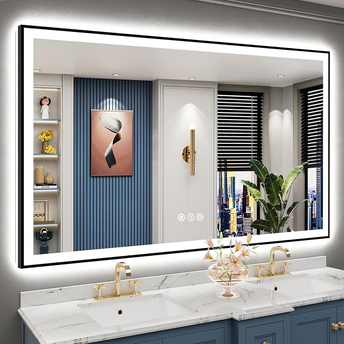 66x40 Black LED Bathroom Mirror, Backlit & Front Lit Lighted Mirror | Metal Framed Anti-Fog Vanity Mirror with Lights, 3 Color Dimmable, Memory, HD Tempered Glass, CRI95, UL Listed, Wall Mounted