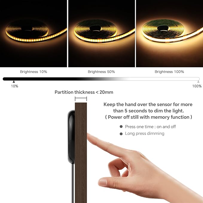 Touch Dimmable Black COB LED Strip Lights 6PCS 12V 6.56Ft 3000K Warm | LED Recessed Lighting Kit Self-Adhesive LED Uner Cabinet Light for Wood Slat Wall Panels Headboards Shelves Display Cabinet