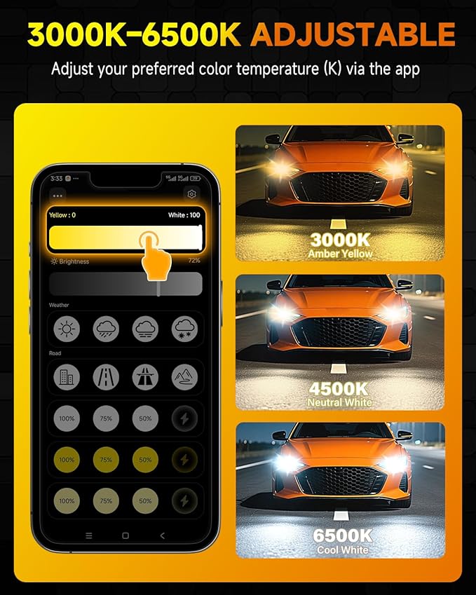 Latest H11 Smart LED Light Bulbs, 0-90,000LM 15X Variable insane Brightness, 3000K-6500K Variable, App Control One-touch Driving Mode Switching for Bluetooth H8/H9/H16 Fog Lights, Pack of 2