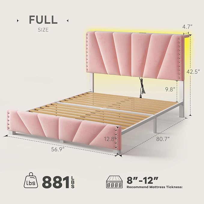 EnHomee Full Size Bed Frame with LED Lights & USB, Noise-Free, Pink | Adjustable Velvet Headboard，Under-Bed Storage，Heavy Duty Support with 12 Slats，No Box Spring Needed，Easy Assembly for Bedroom