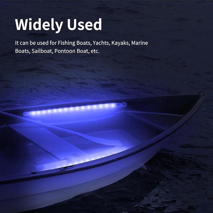 RVZONE LED Boat Interior Lights, Boat Led Strip Lights Marine Waterproof Marine Lighting Strip Night Fishing Lighting for Pontoon, Dinghy, Kayak, Yacht,4 Pcs, Blue