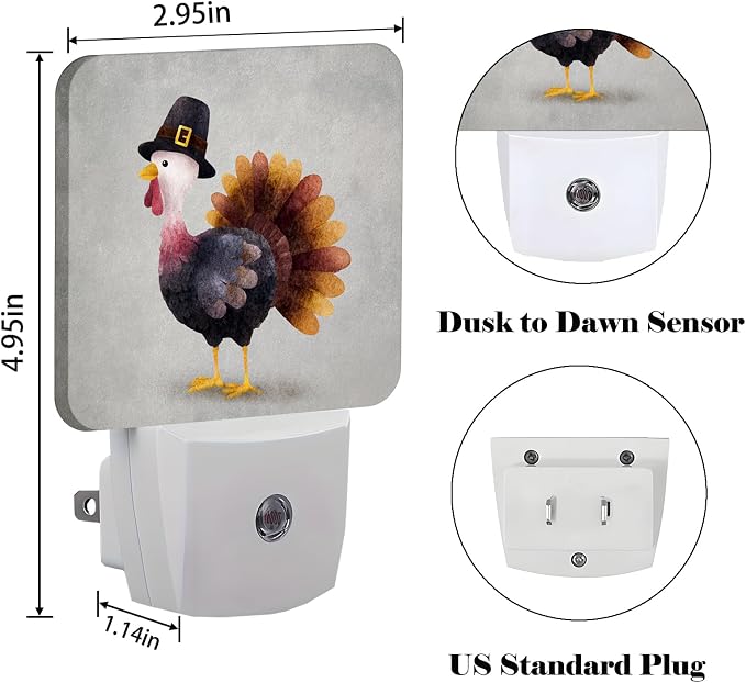 Cute Cartoon Turkey Night Light,Plug-in Night Lights with Dusk-to-Dawn Sensor for Stairway,Hallway,Bedroom Sleep Friendly Ideal for Women/Girls/Boys Gift,0.5w