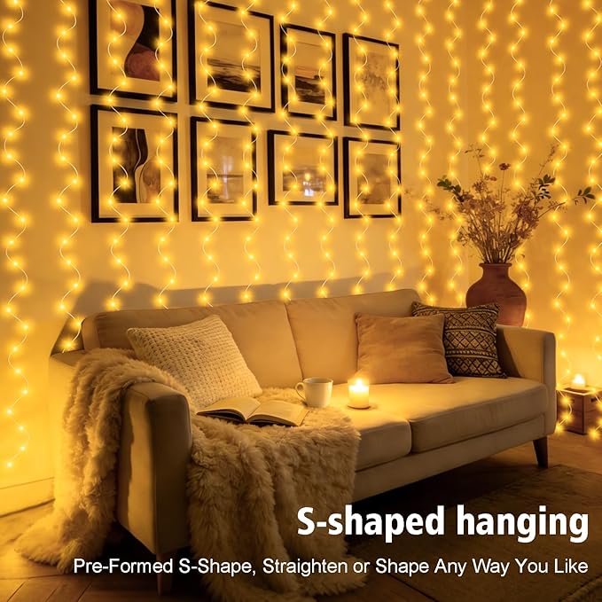 echosari Curtain Lights Battery Operated 9.8 x 9.8Ft with Timer Warm White | 300 LED Fairy Lights for Bedroom Wedding Backdrop Indoor Christmas Decor