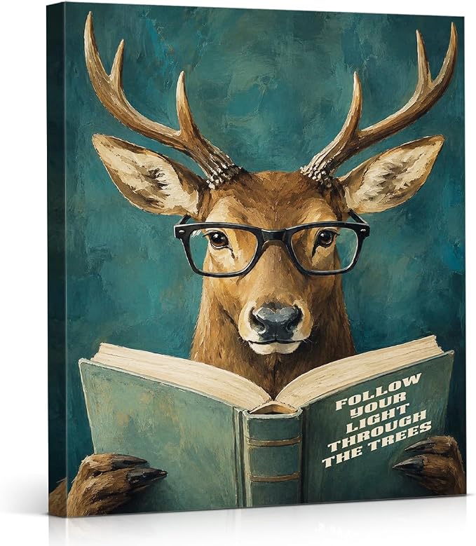 NSFBESSLIA Funny Reading Deer Painting, Whimsical Vintage Animal Decor, Follow Your Light Through The Trees, Motivational Wall Art for Living Room Bedroom Entryway, 8x10 Inch