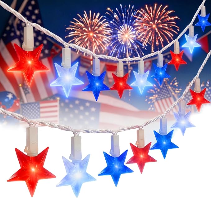 35 Red White and Blue Star Lights, 13.6Ft 4th of July String Lights | Plug in, Connectable, UL Certified, Five Star LED Bulbs, Home Decorations for Independence Day Patriotic Party, White Wire