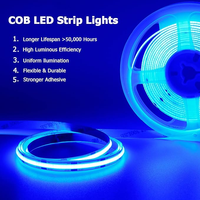 TOPAI 12V COB LED Strip Blue 16.4ft Dotless Outdoor IP65 Waterproof | High Density 480LEDs/M, Cuttable, Flexible, Self Adhesive Easy Install for Bar counter, Liquor cabinet