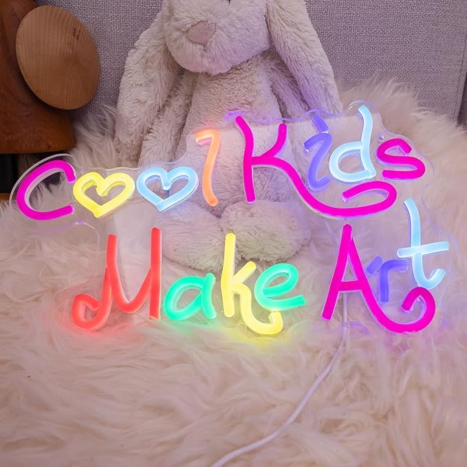 Cool Kids Make Art Neon Sign for Classroom, Art Neon Light Wall Decor, Kids Neon Light Sign Colorful Letter Led Neon Lights for Bedroom Library School Decoration 14.17 x 8.27 inch