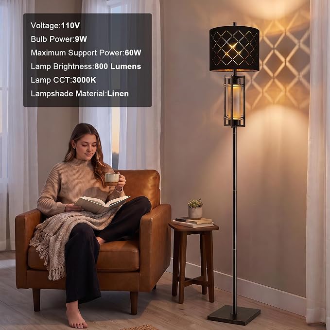 74'' Floor Lamp with Nightlamp, Modern Black Tall Standing Lamp, Metal Base | Gold-Brushed Black Lamp Body, Rotary Switch,Upgraded Model Height,Black Grid Lampshade,Heavy-duty Base,Floor Lamp for Bedroom