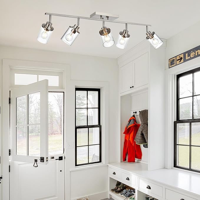 Yaohong 5-Light Brushed Nickel Track Lighting Fixture for Ceiling Mounting Bathroom Vanity Wall Scones with Rotatable Spotlight, Kitchen Track Lighting Fixture with Glass Shade for a Shop Hallway