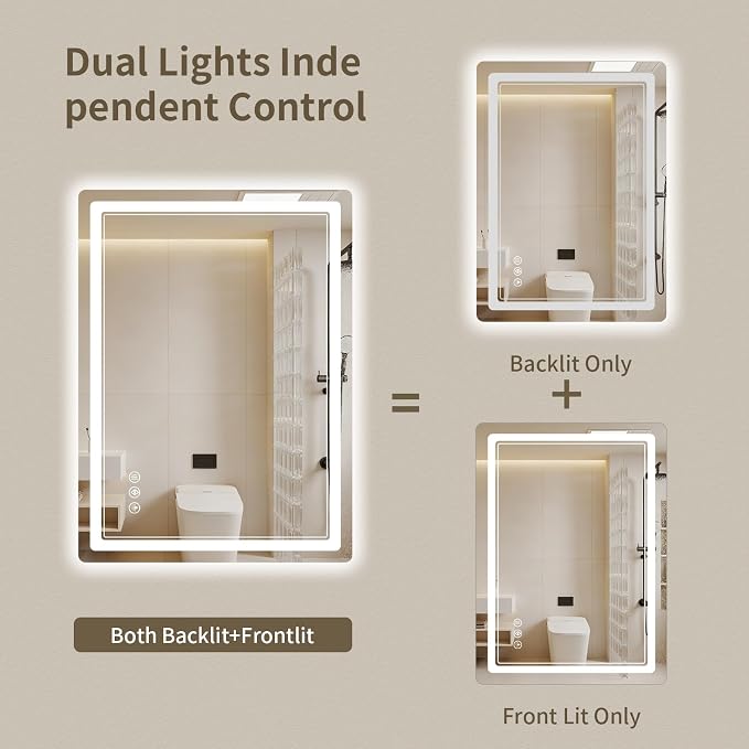 22"x30" LED Bathroom Mirror with Lights, Backlit + Front Lit, Anti-Fog, Lighted Bathroom Mirror for Wall, HD Shatterproof Tempered Glass, Dimmable, Memory Function (Horizontal/Vertical)