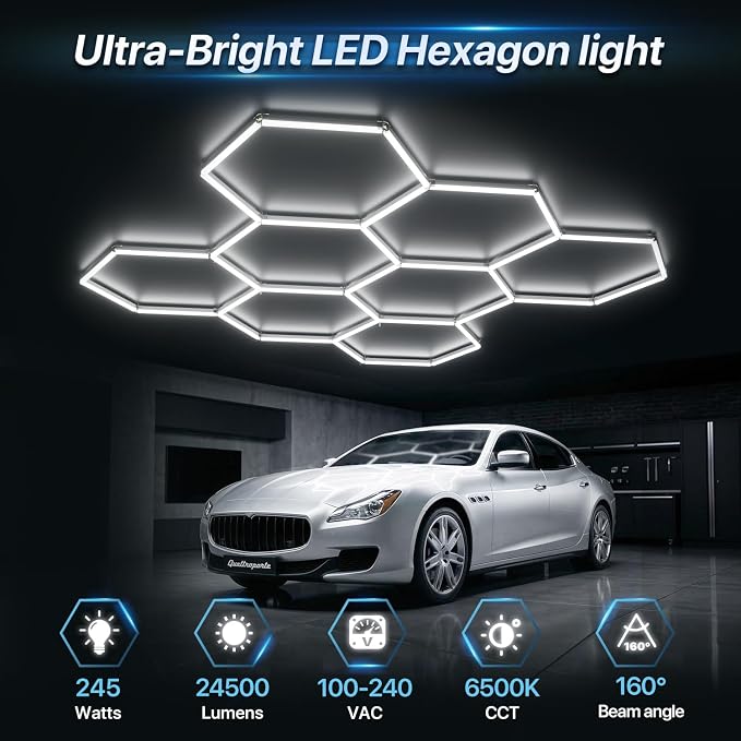 HYPERLITE Gen II Hexagon Garage Lights: 245W 24500LM 8 Grids Hexagon Led Light, 6500K Ultra Bright Honeycomb Hex Lights, Durable Design for Garage, Shop, Basement, Barber, Homegym