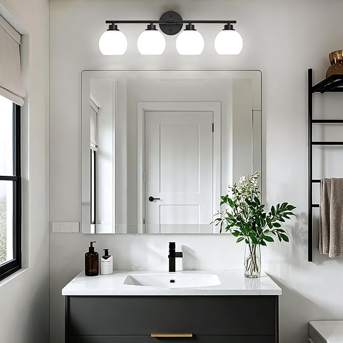 Matte Black Bathroom Light Fixtures, 4-Light Vanity Light Over Mirror | Modern Bathroom Lighting Over Mirror, Wall Sconces, Milky White Globe Glass Shades, E26 Socket,ETL Listed