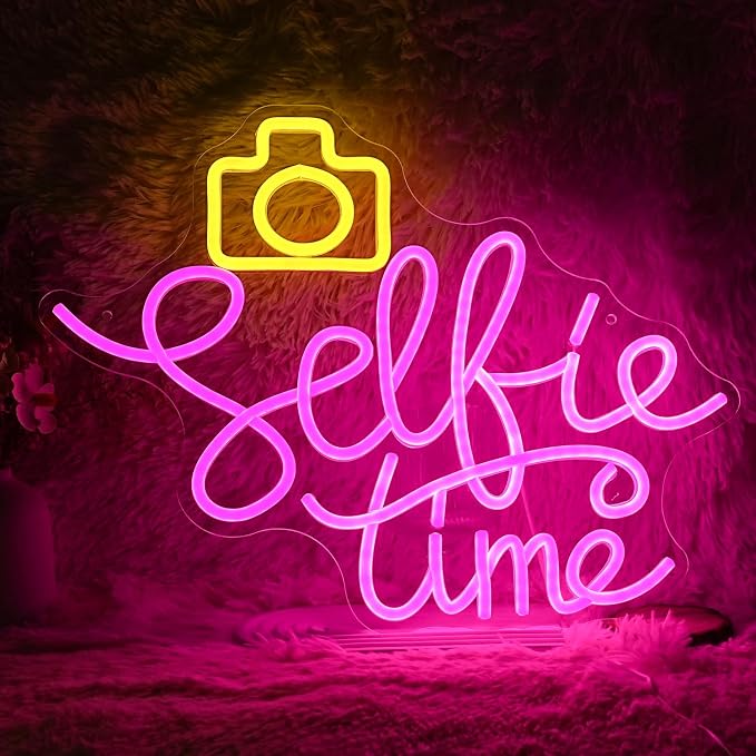 Selfie Time Neon Sign LED Yellow Camera Pink Neon Light For Wall Decor Dimmable USB Powered Light Up Sign for Photographic Studio Bedroom Photography Lover Room Party Gifts (16.7 * 12.8In)