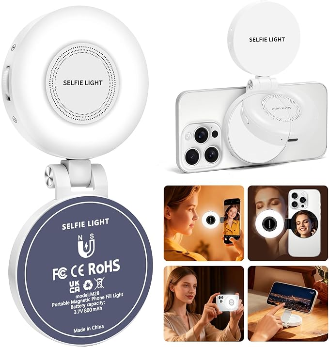 Magnetic Selfie Light for MagSafe iPhone: 3 Light Modes, Rechargeable 360° Rotatable LED Phone Ring Fill Light with Mirror for Photography, Makeup, TikTok, Zoom, Video Conference, White