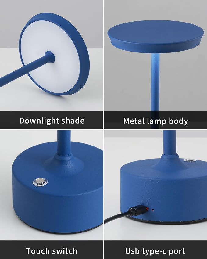 PUSU Rechargeable Table Lamps Set of 2, Blue Cordless Portable Desk Lamp | 4000mAh Battery, Stepless Dimming & 3 Color 2700K-6000K, LED Lamp for Bedroom, Living Room, Restaurant, Outdoor, Night Light