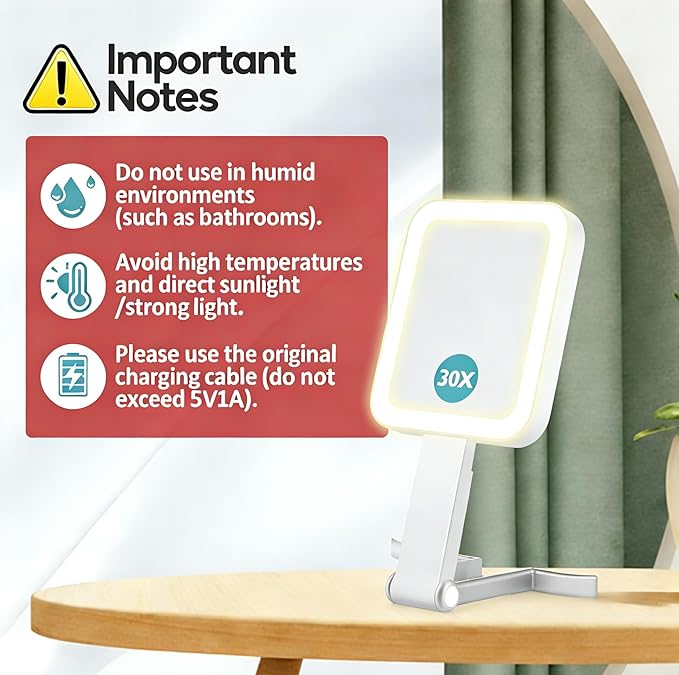 Magnifying Travel Makeup Mirror with Lights, Double-Sided 1X/30X Magnifying Mirror, 3 Color Lighting & Brightness Adjustable, Portable &Foldable Handheld Mirror with Lights(10" L x 5" W)