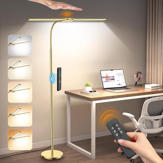 Syrinx LED Floor Lamp, 18W 2000LM Bright Reading Floor Lamp for Office, Gesture & Remote Control, Dual Head Gooseneck Standing Lamp, Dimmable Brightness & Color Temp, Floor Light for Living Room, Gold