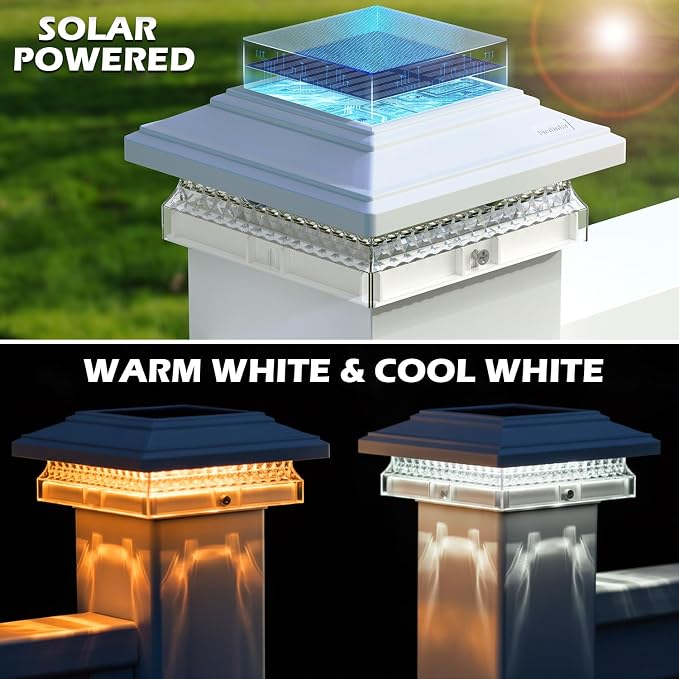 SIEDiNLAR Solar Post Cap Lights, 2 Pack 2 Modes 50 Lumens, 4x4 5x5 Vinyl/Wooden Posts Waterproof Outdoor Lighting for Deck Fence Patio, White/Warm (White)