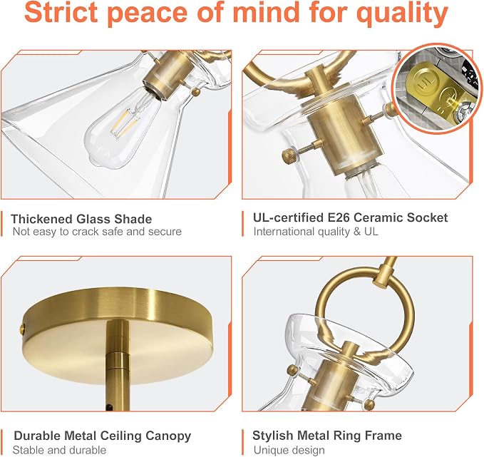 Gold Pendant Lights Kitchen Island 9.84'' Clear Glass Shade | Modern Pendant Lighting Over Sink, Adjustable Hanging Ceiling Light, E26 Dimmable for Dining Room, 1-Pack